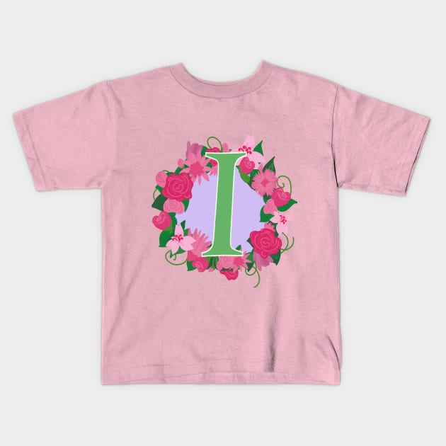 Monogram I, Personalized Floral InitiaI Kids T-Shirt by Bunniyababa